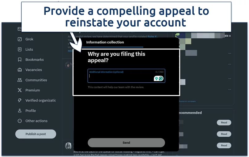 A screenshot showing X's appeal message box