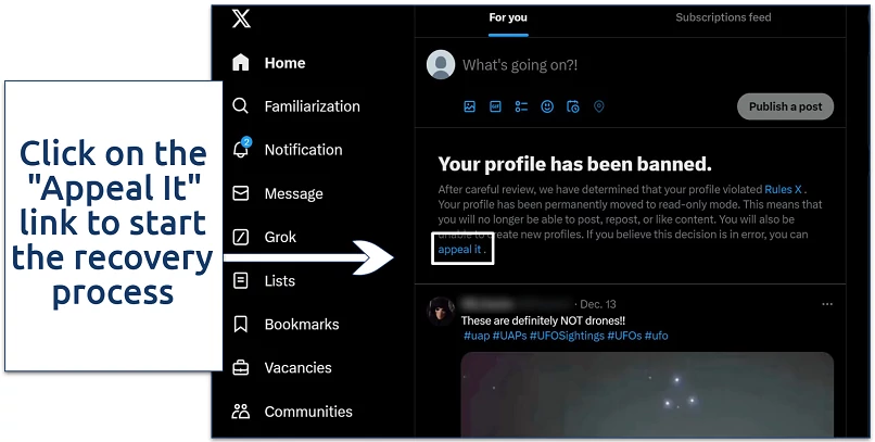 A screenshot showing how to start an appeal on X