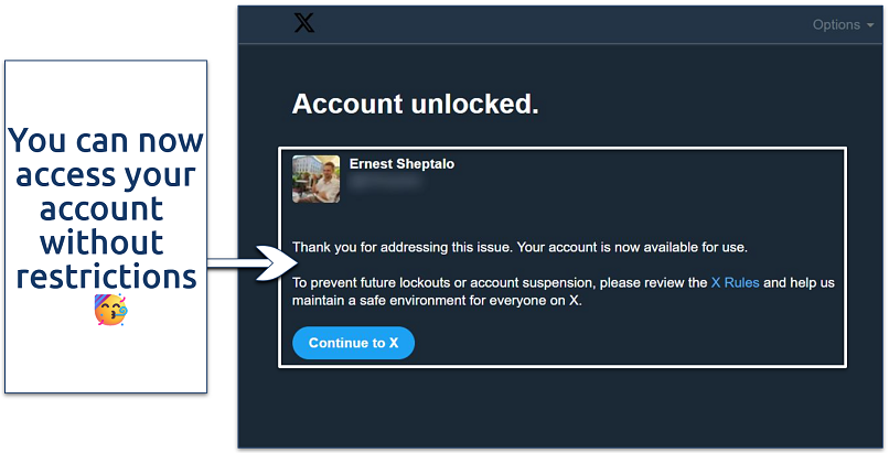 A screenshot showing X's account unlocked message