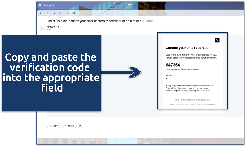 A screenshot showing X's verification code email