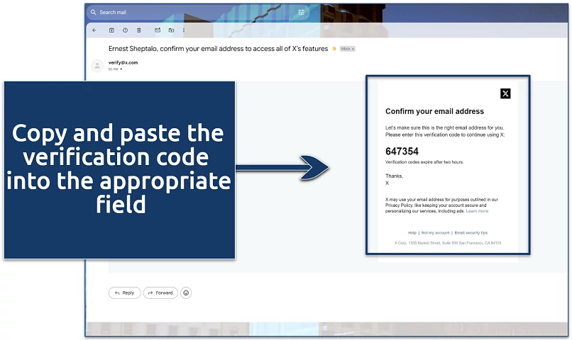 A screenshot showing X's verification code email
