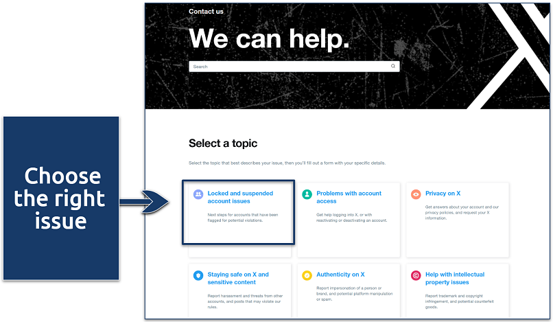 A screenshot showing X's support page