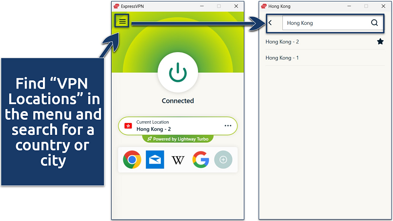 Screenshot of the ExpressVPN Windows app with its Hong Kong server list and an active connection