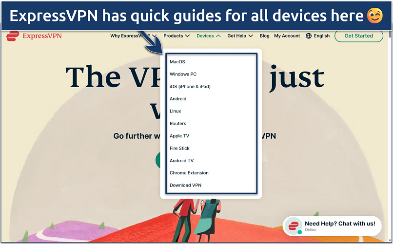 Screenshot of the ExpressVPN website homepage with the dropdown menu of app and installation instruction links for different devices