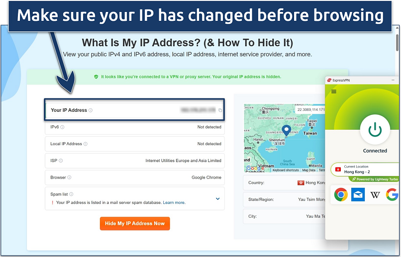 Screenshot of the results of an IP lookup test on the vpnMentor site showing a success message while connected to the ExpressVPN Hong Kong server