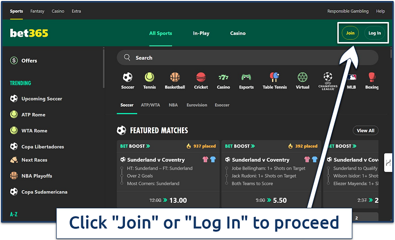 Screenshot of the bet365 website homepage with its