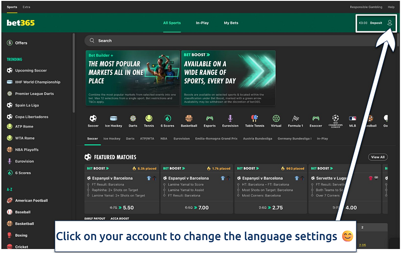 Screenshot of the bet365 website homepage when you log in