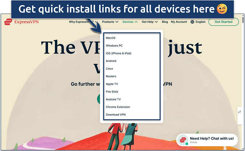 Screenshot of the ExpressVPN website homepage with its device support dropdown menu highlighted