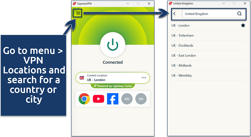 Screenshot of the ExpressVPN Windows app with an active connection to the UK - London server and its full list of UK servers