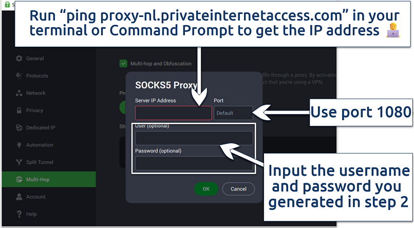 Screenshot showing the details to enter in the PIA VPN app to enable the SOCKS5 proxy