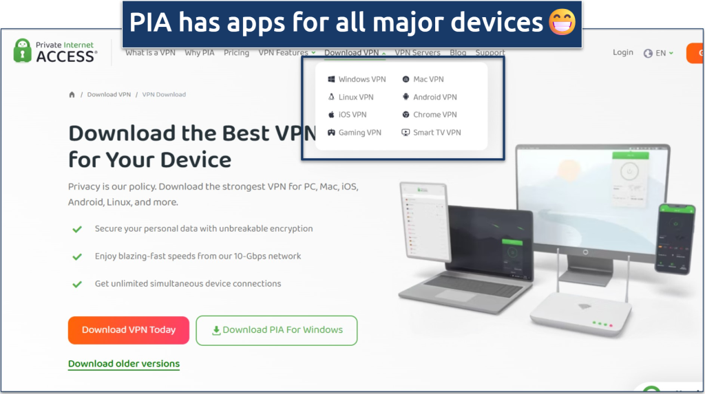 Screenshot showing popular platforms that Private Internet Access (PIA) supports