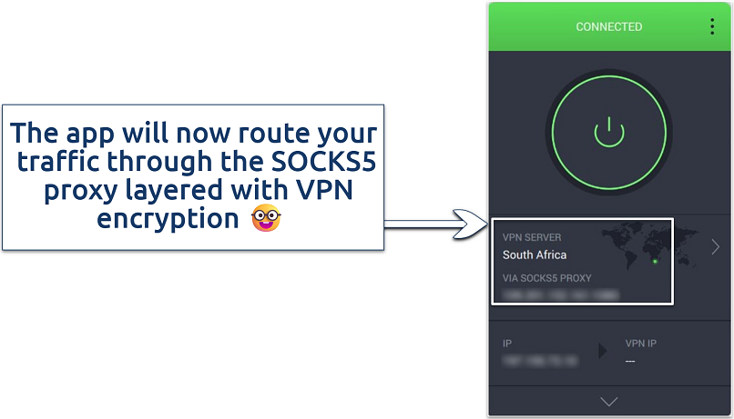 Screenshot showing PIA connected to a South African server via the SOCKS5 proxy