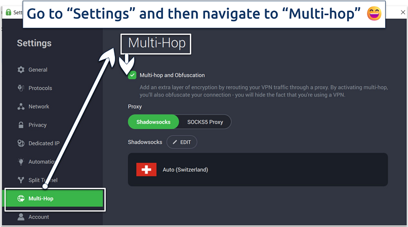 Screenshot showing how to enable Multi-hop in PIA