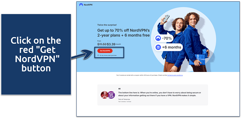 A screenshot showing the NordVPN home page