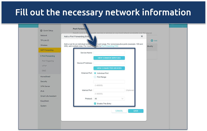 A screenshot showing TP-Link's port forwarding settings