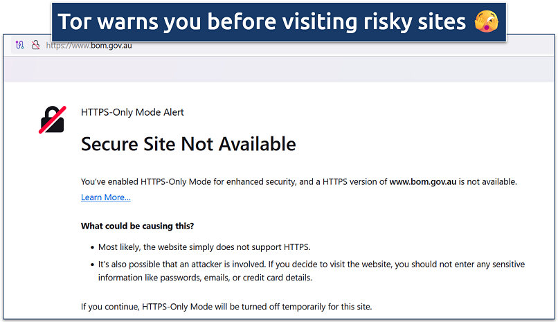 A screenshot of a Tor Browser warning message showing HTTPS-Only Mode blocking access to an HTTP site