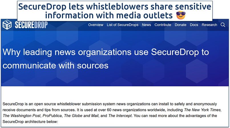 A screenshot of the SecureDrop homepage