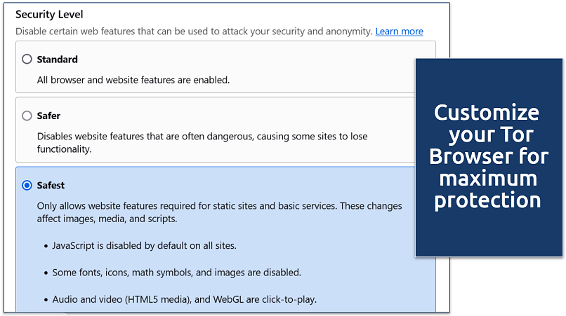 A screenshot of the Tor Browser security settings showing Standard, Safer, and Safest modes