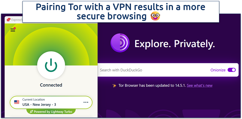 A screenshot showing ExpressVPN connected alongside the Tor Browser homepage