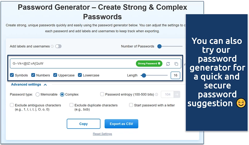 Screenshot of the vpnMentor password generator tool