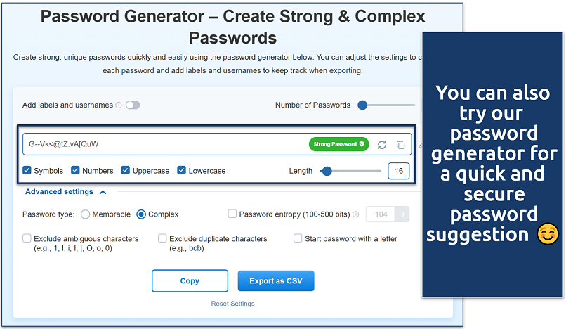 Screenshot of the vpnMentor password generator tool
