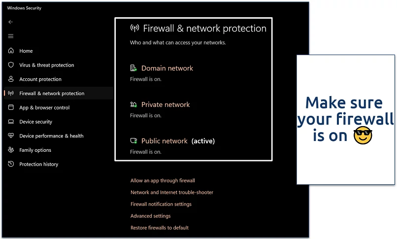 Screenshot of the Windows Defender firewall