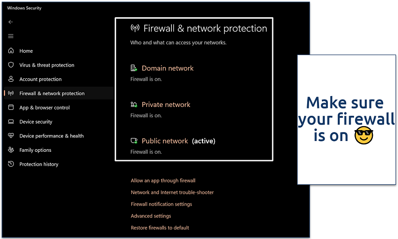 Screenshot of the Windows Defender firewall