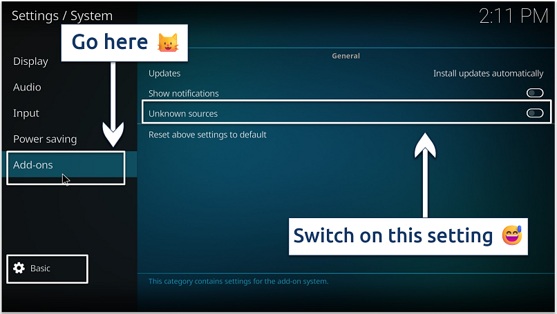 A screenshot showing the need to toggle Unknown Sources to ON to allow installation of third-party Kodi addons and repositories.