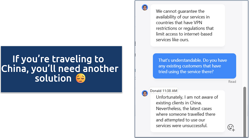 Screenshot of a conversation with NordLayer support regarding the service availability in China