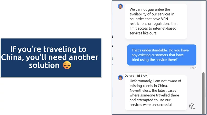 Screenshot of a conversation with NordLayer support regarding the service availability in China