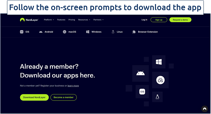 Screenshot of NordLayer's download page