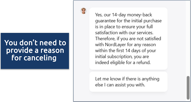 Screenshot of a conversation with NordLayer's customer support regarding the money-back guarantee