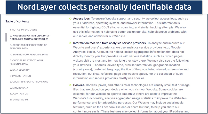 Screenshot of NordLayer's privacy policy