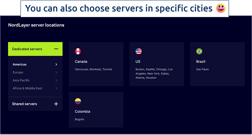 Screenshot of NordLayer's server locations