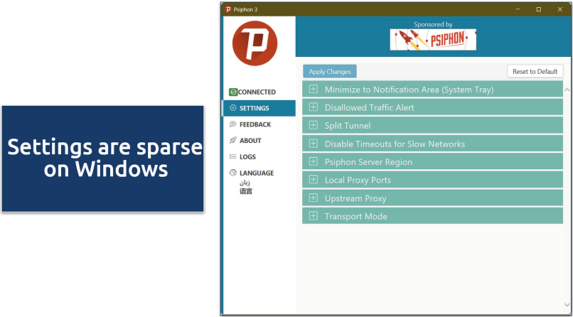 Screenshot of Psiphon's settings on Windows