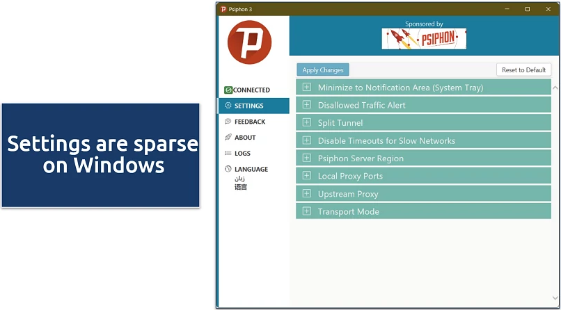 Screenshot of Psiphon's settings on Windows
