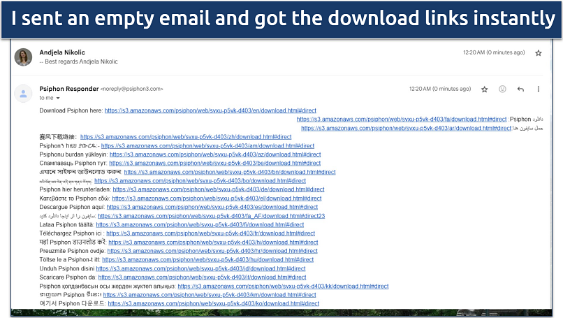 Screenshot of Psiphon's download links for censored regions