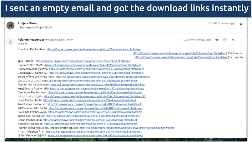 Screenshot of Psiphon's download links for censored regions