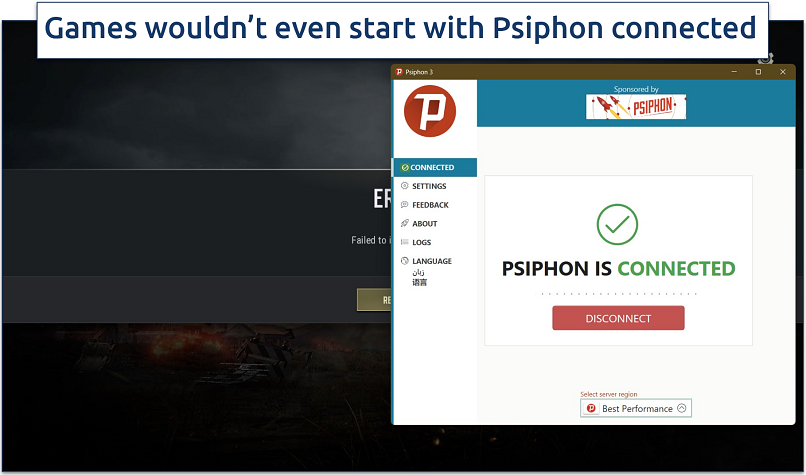 Screenshot of an error message on Steam after failing to load PUBG with Psiphon