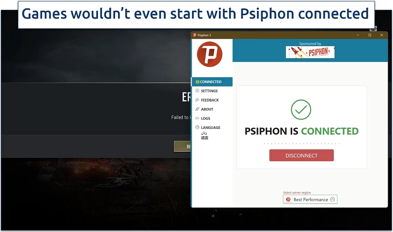 Screenshot of an error message on Steam after failing to load PUBG with Psiphon