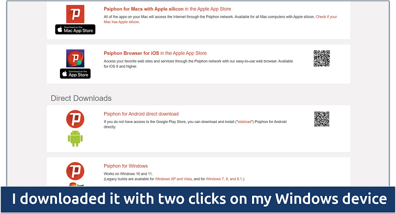 Screenshot of Psiphon's download page