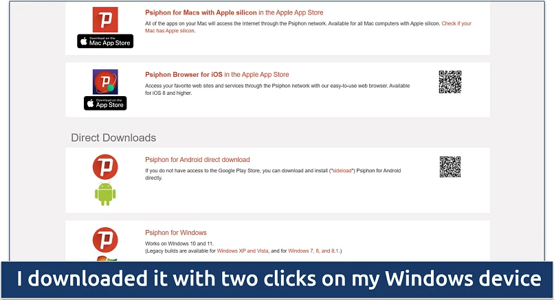 Screenshot of Psiphon's download page