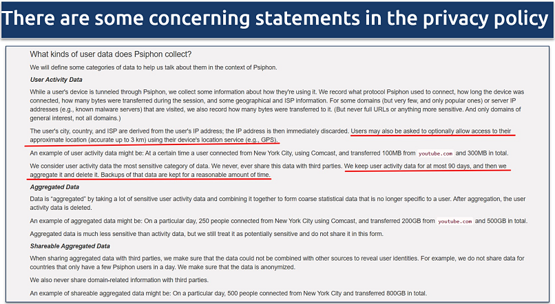 Screenshot of Psiphon's privacy policy