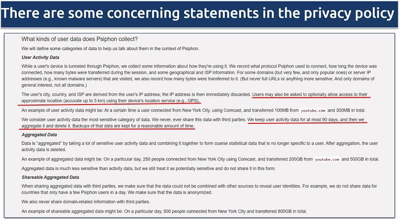 Screenshot of Psiphon's privacy policy