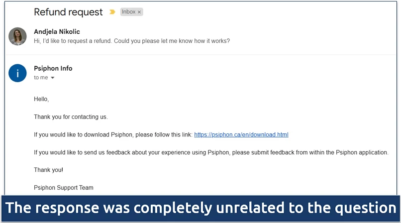 Screenshot of a refund request sent to Psiphon's customer support