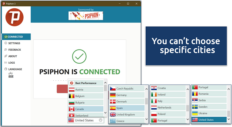 Screenshot of Psiphon VPN's free server selection on Windows