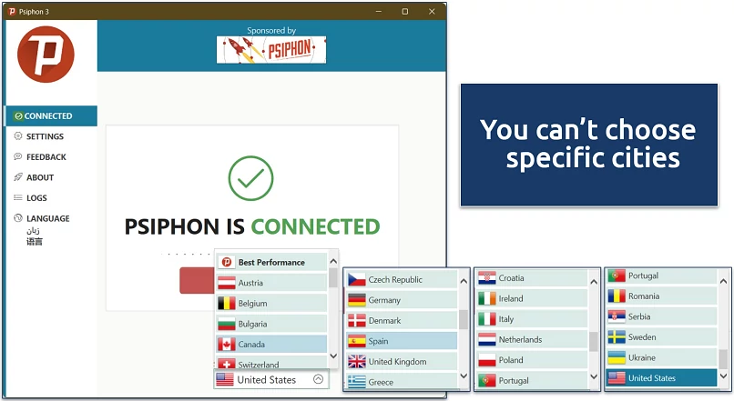 Screenshot of Psiphon VPN's free server selection on Windows