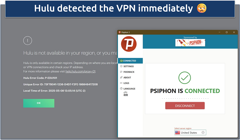 Screenshot of a Hulu error message with Psiphon VPN connected to the US
