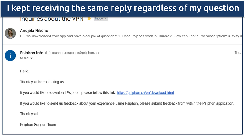 Screenshot of a conversation with Psiphon's support