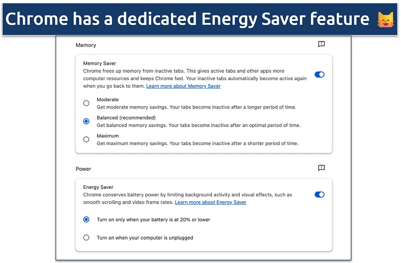 Screenshot of Chrome Energy Saver feature